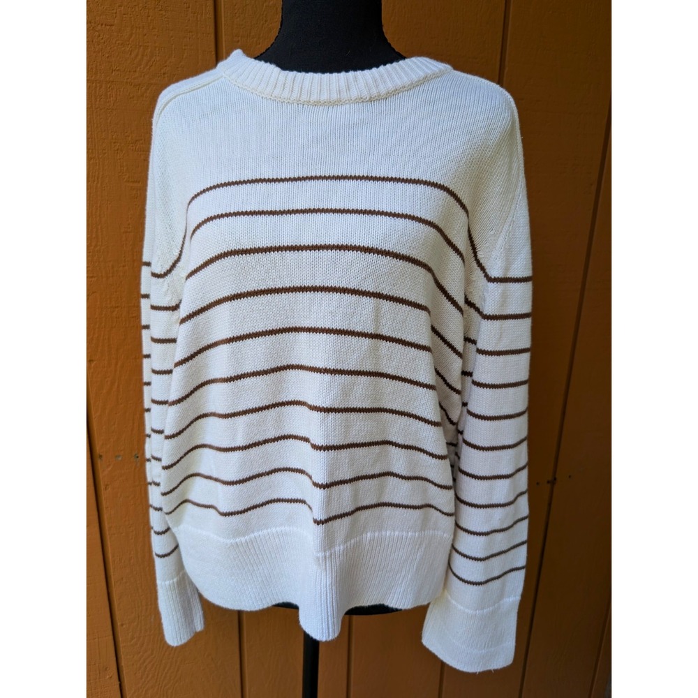 Abercrombie & Fitch Striped Knit Crewneck Pullover Sweater White Brown M